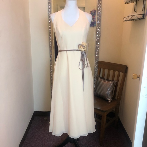 Lined Yellow Mid Length Halter Bridesmaid Prom Dress - Picture 1 of 8